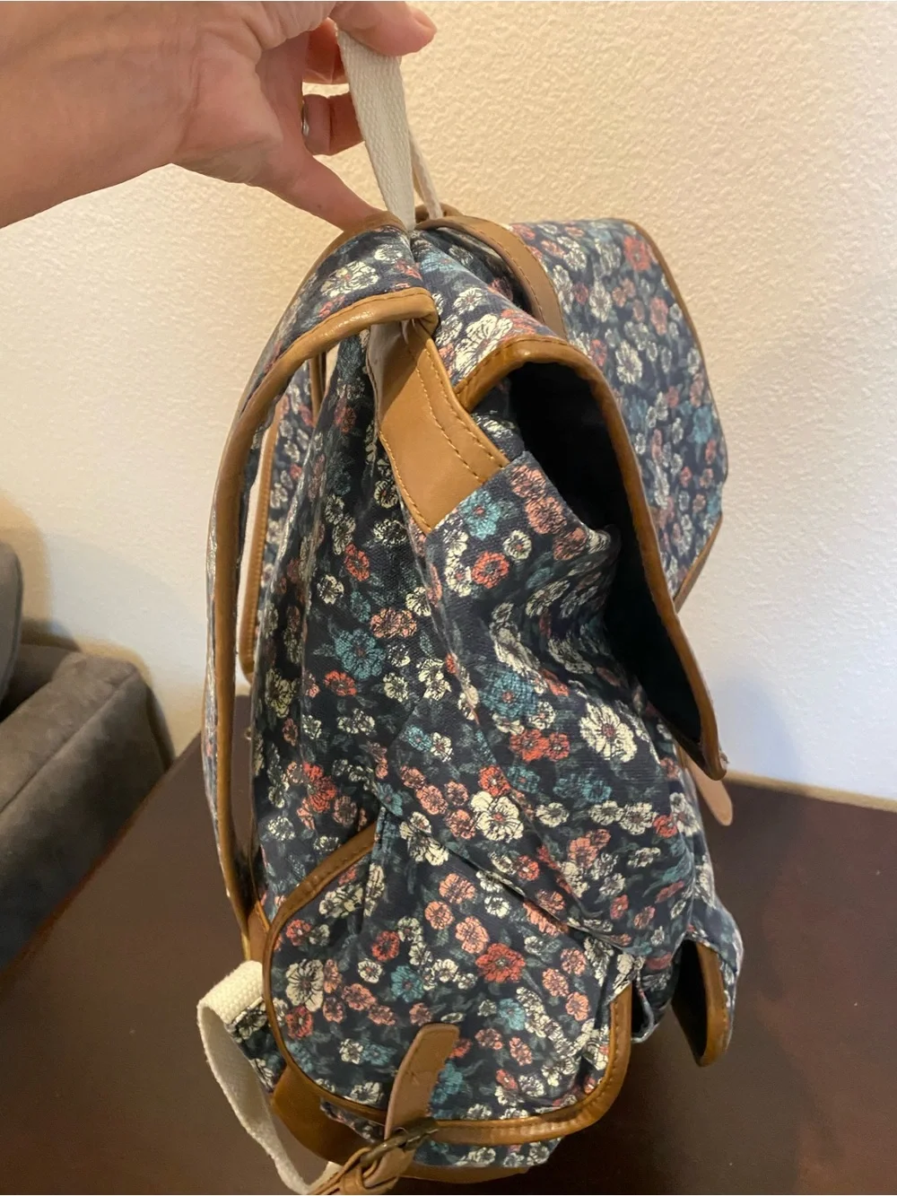 Vintage Y2K 90s MUDD Canvas Floral Print Boho Backpack Satchel Bag Faux Leather